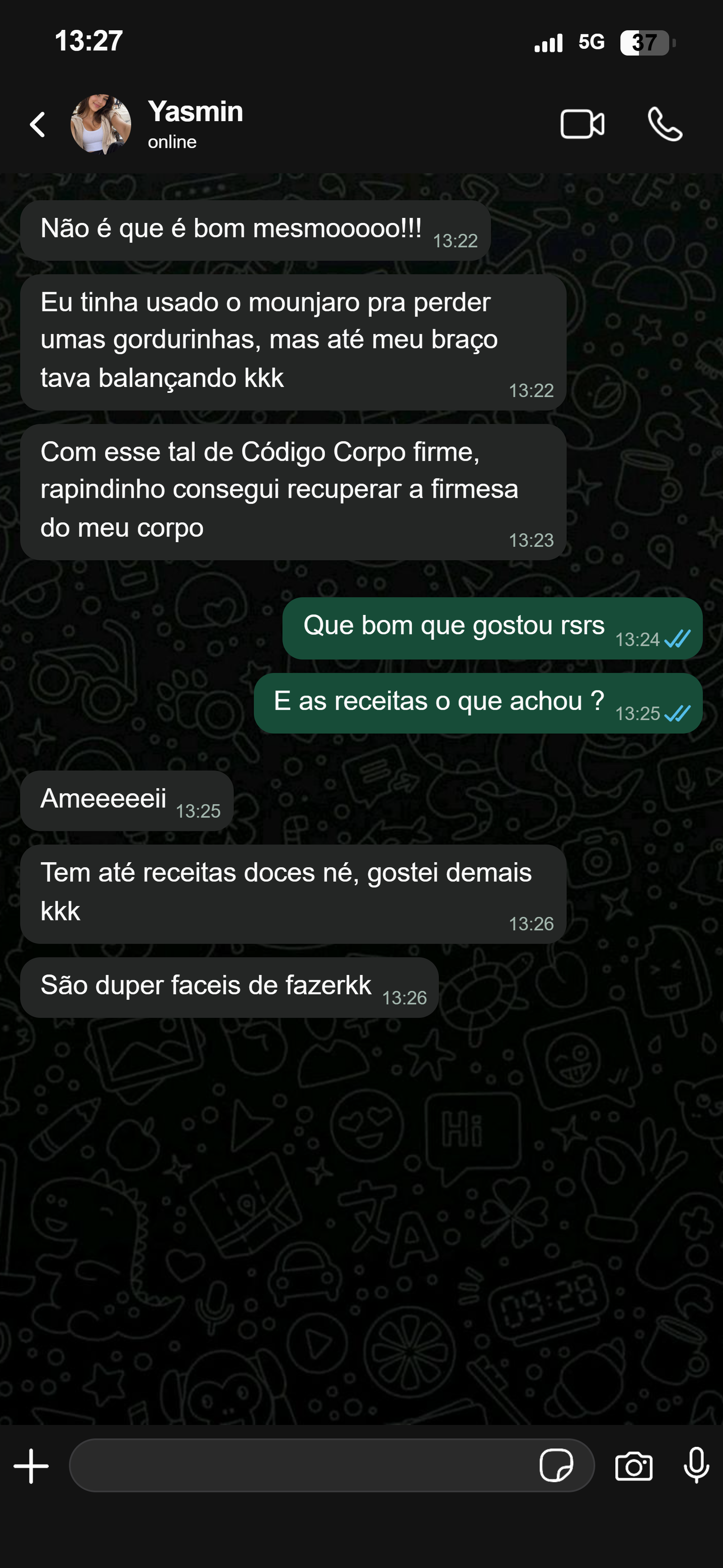Print de conversa no WhatsApp com a Yasmin sobre o Código Corpo Firme